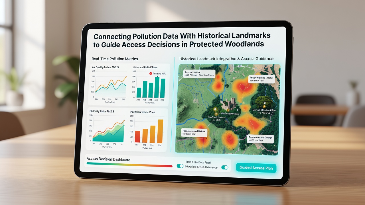 Map overlay showing pollution zones and historical landmark locations in a protected woodland