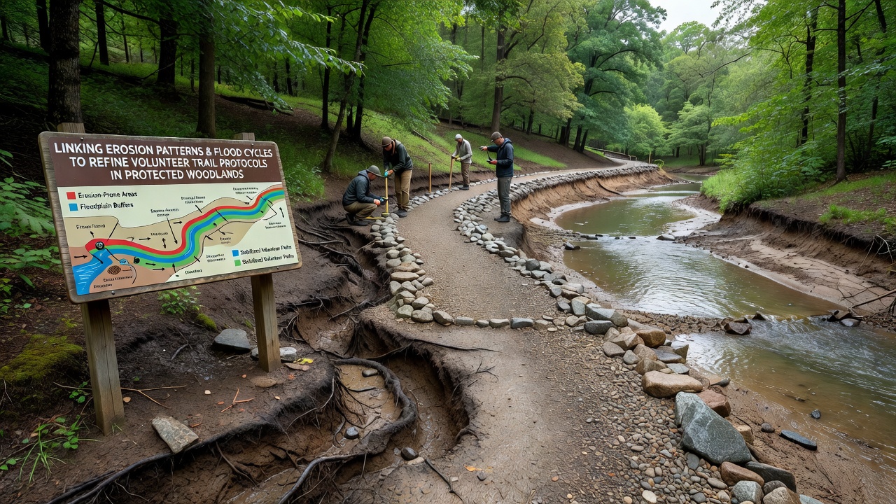 Volunteer team assessing trail conditions during a flood cycle in a protected woodland area